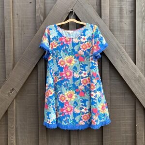 Umgee USA Dress Womens Medium Blue Floral Boho Tassel Fringe Hem Flutter Swing